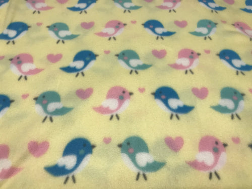 PINK GREEN BLUE BIRDS ON YELLOW